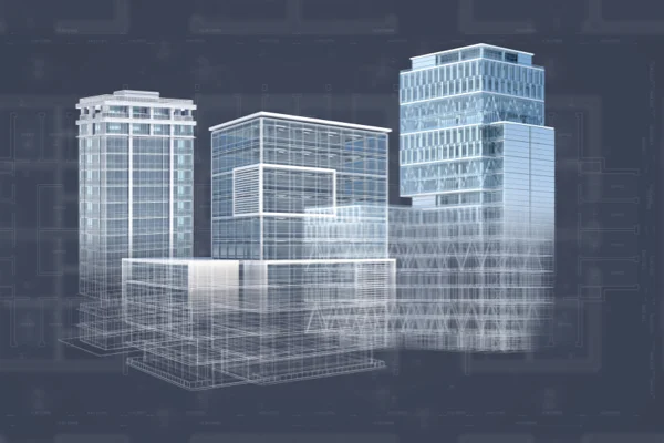 Servicios de ingeniería de artica+i: metodología BIM. Imagen de cabecera mostrando un esquema de edificios industriales