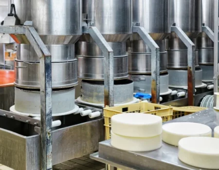 artica+i: imagen 1 para la galería del proyecto "FROM'INNOV. Nuevos procesos ecoeficientes para la producción de quesos maduros con propiedades funcionales mejoradas", dentro de la sección "Nuestros proyectos" (Casos de éxito). Perteneciente a proyectos de Consultoría para la innovación. Muestra detalle de proceso industrial de fabricación de queso