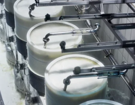 artica+i: imagen 2 para la galería del proyecto "FROM'INNOV. Nuevos procesos ecoeficientes para la producción de quesos maduros con propiedades funcionales mejoradas", dentro de la sección "Nuestros proyectos" (Casos de éxito). Perteneciente a proyectos de Consultoría para la innovación. Muestra detalle de proceso industrial de fabricación de queso