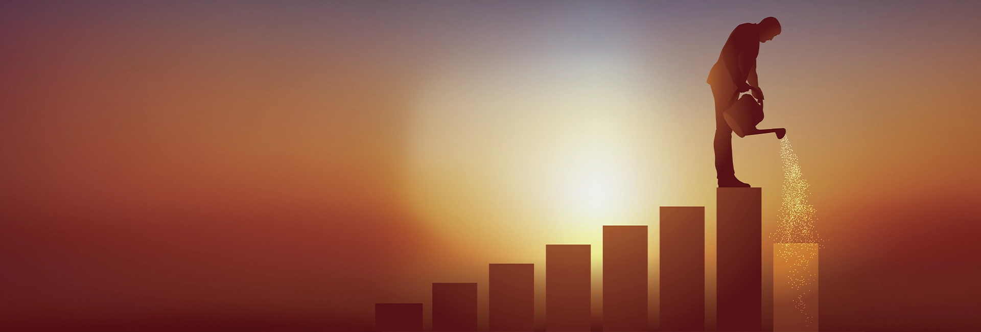 Imagen conceptual de cabecera para el servicio "Gestión económico-administrativa de la Innovación", dentro de "Consultoría de la innovación", mostrando una persona regando su crecimiento de empresa para hacerlo crecer - foco de luz derecha