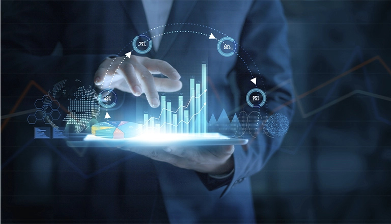 Imagen conceptual para el apartado de Objetivos dentro del servicio "Gestión económico-administrativa de la Innovación", dentro de "Consultoría de la innovación", mostrando gráficos ascendentes saliendo de una tablet