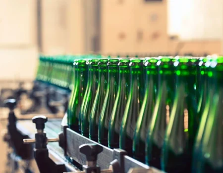 artica+i. Imagen para la galería del caso de éxito (nuestros proyectos) "REBO2VINO", mostrando unas botellas en una planta industrial