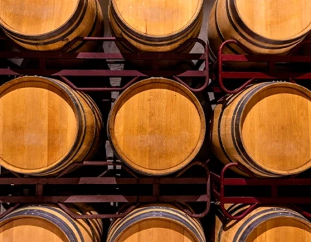 artica+i. Imagen para la galería interior del caso de éxito (nuestros proyectos) "POLYRESWINE. Proyecto de I+D orientado a aplicar nuevas técnicas basadas en resinas de intercambio iónico/absorbentes para eliminar compuestos indeseables en el vino", mostrando el detalle de unos toneles de vino