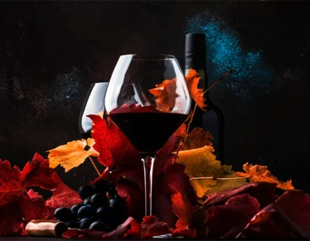 artica+i - Casos de éxito. Imagen 019 para la galería del proyecto "UHPH4WINE. Proyecto de desarrollo experimental para validar la tecnología de Ultra Alta Presión de homogeneización en la elaboración de vinos de alto valor añadido" mostrando una foto artística de varias copas y una botella de vino sobre un fondo de hojas de vides y un racimo